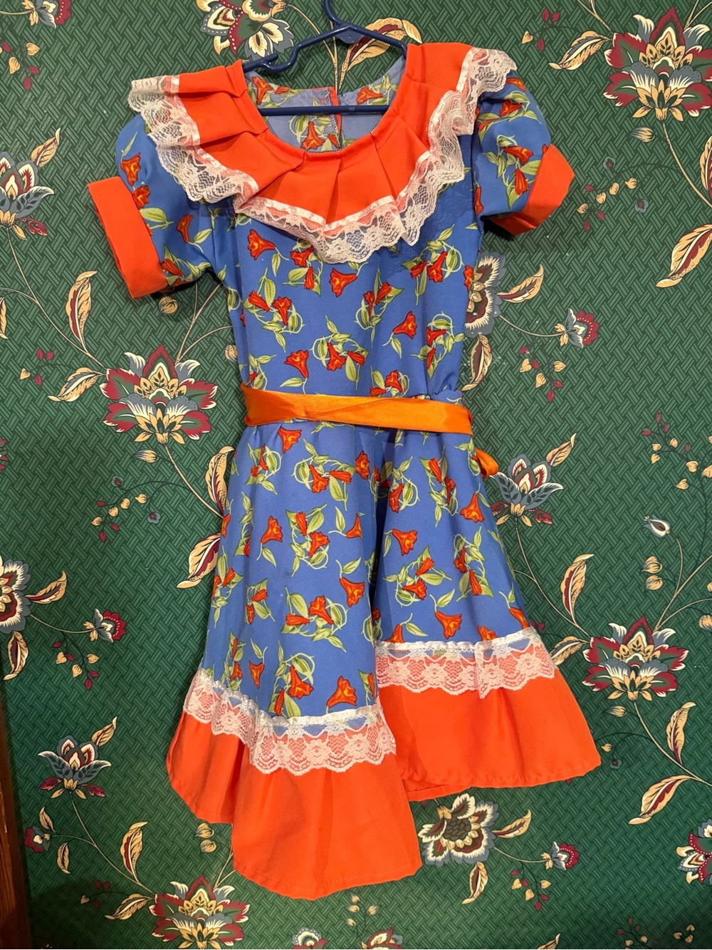 Blue and Orange Floral Kids Dress with Lace Trim